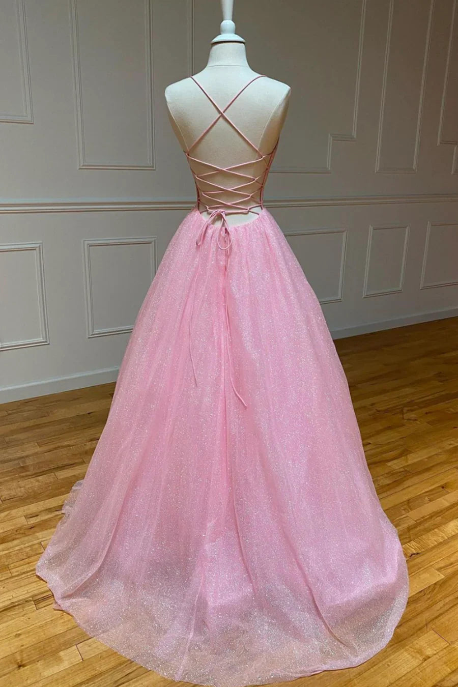 Previous Next Pink V-Neck Tulle Long Prom Dresses, A-Line Backless Evening Dresses TP704