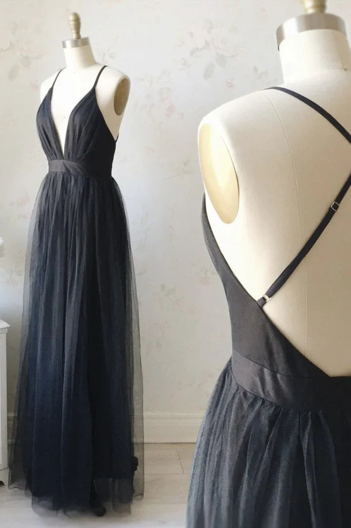 Simple Tulle Long Prom Dress, A Line Backless Evening Dress TP772