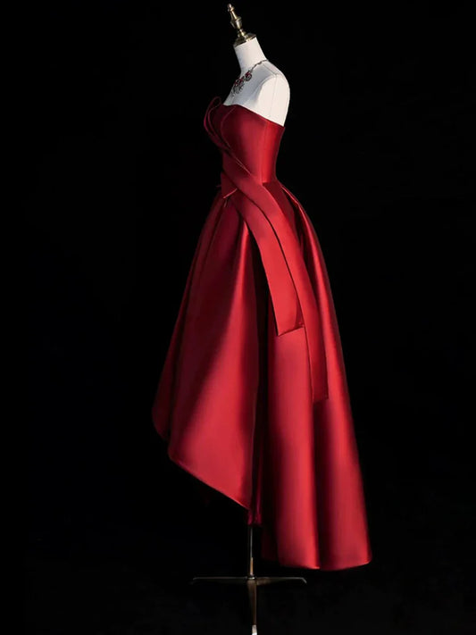 Burgundy Satin Hight Low Prom Dress, Lovely A-Line Strapless Party Dress TP800
