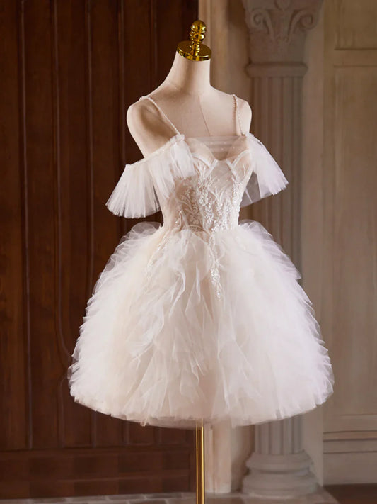 A-Line Tulle Layers Short Prom Dress, Light Champagne Spaghetti Strap Party Dress TP815
