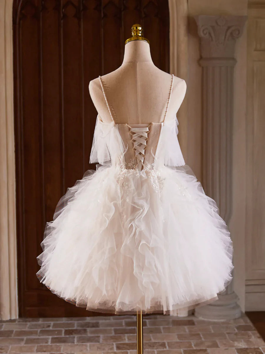 A-Line Tulle Layers Short Prom Dress, Light Champagne Spaghetti Strap Party Dress TP815