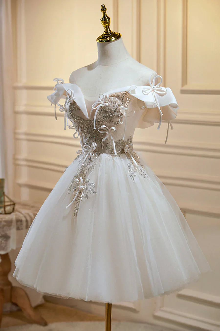Champagne Lace Short Prom Dress, A-Line Homecoming Party Dress TP885