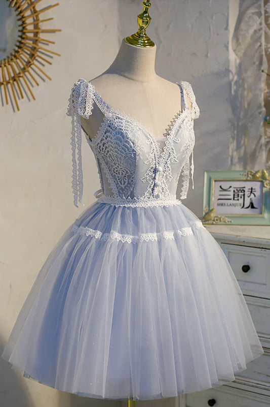 Previous Next Blue Lace Short A-Line Prom Dress, Cute Spaghetti Strap Party Dress TP890