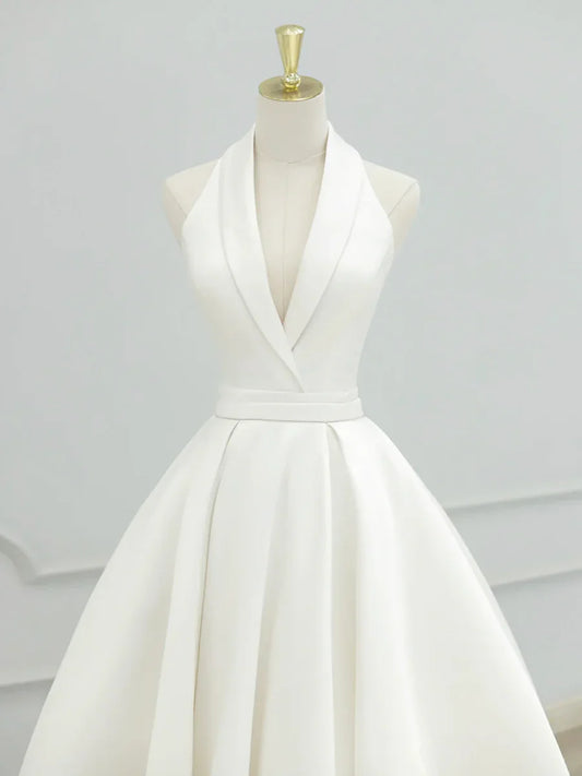 White V-Neck Satin Long Prom Dress, Elegant A-Line Formal Party Dress TP937