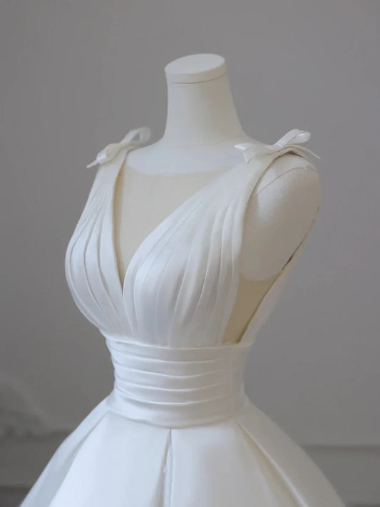 White V-Neck Satin Long Formal Dress, Elegant A-Line Wedding Party Dress TP941