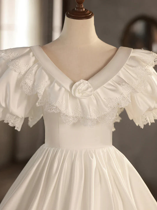 White V-Neck Satin Long Prom Dress, Lace Wedding Dress TP945