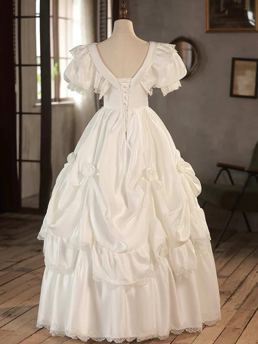 White V-Neck Satin Long Prom Dress, Lace Wedding Dress TP945