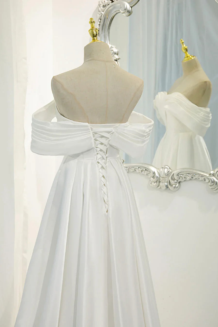 White Satin Long Prom Dress, Off the Shoulder Evening Dress TP957