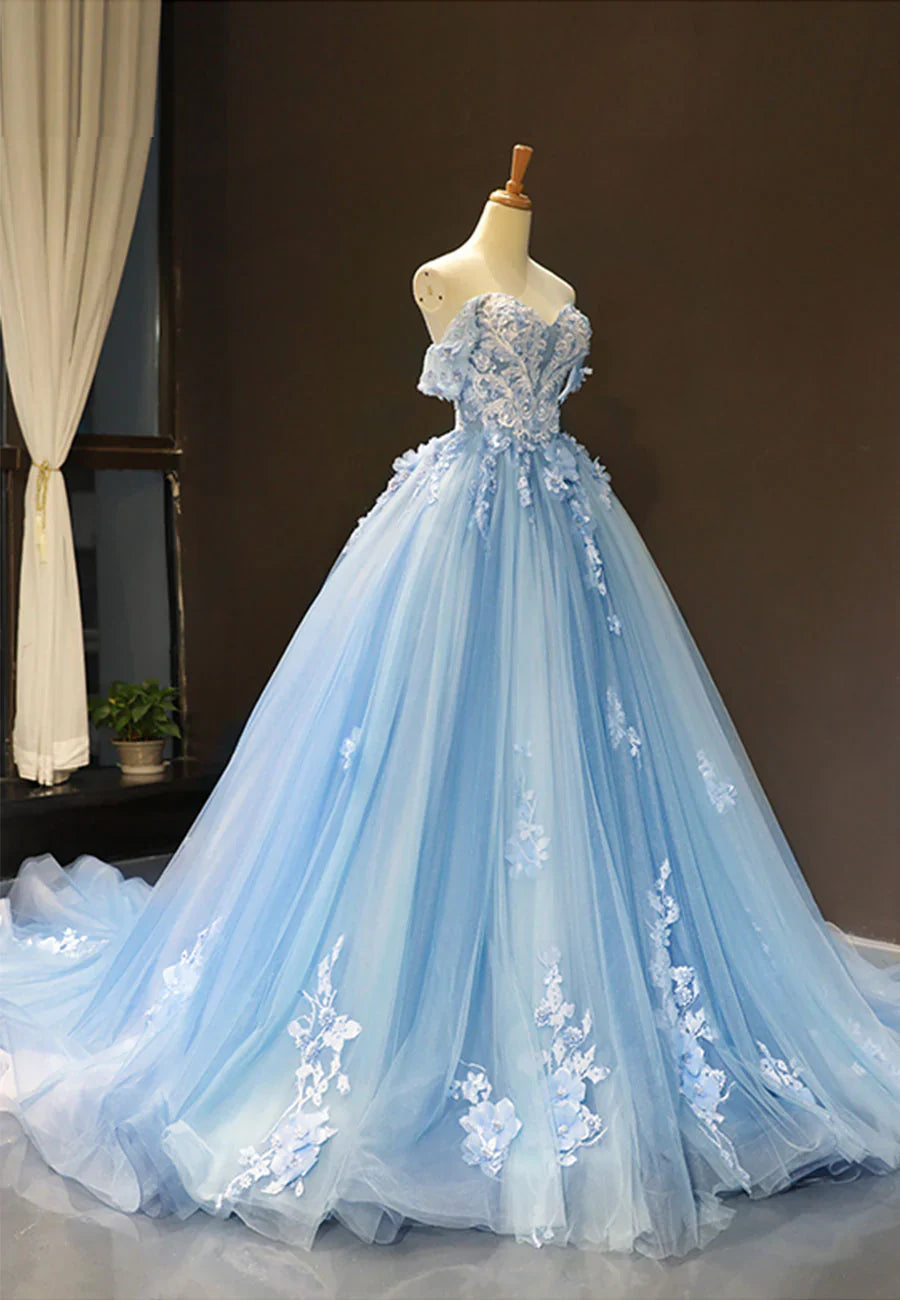 Blue Tulle Long A-Line Prom Dress, Off the Shoulder Evening Dress TP967
