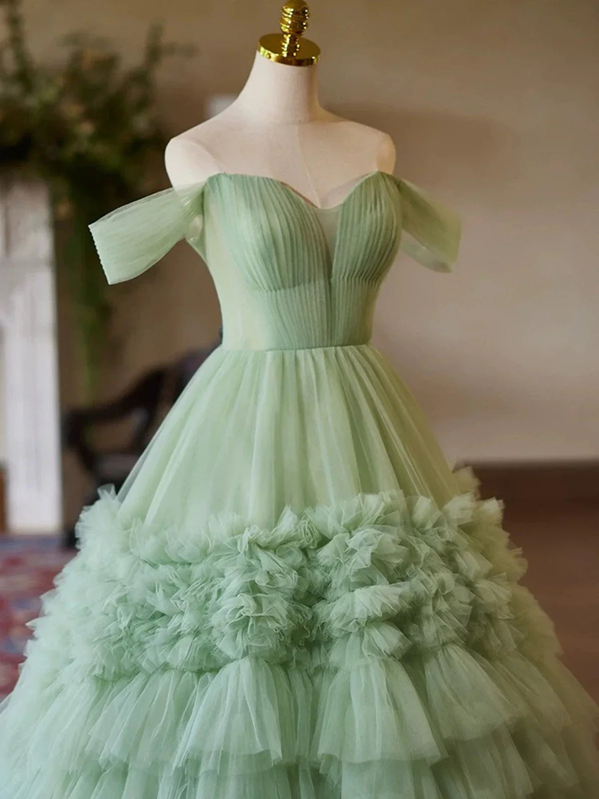 Green Sweetheart Tulle Off Shoulder Layers Long Formal Dress, Green Sweet 16 Dress TP993