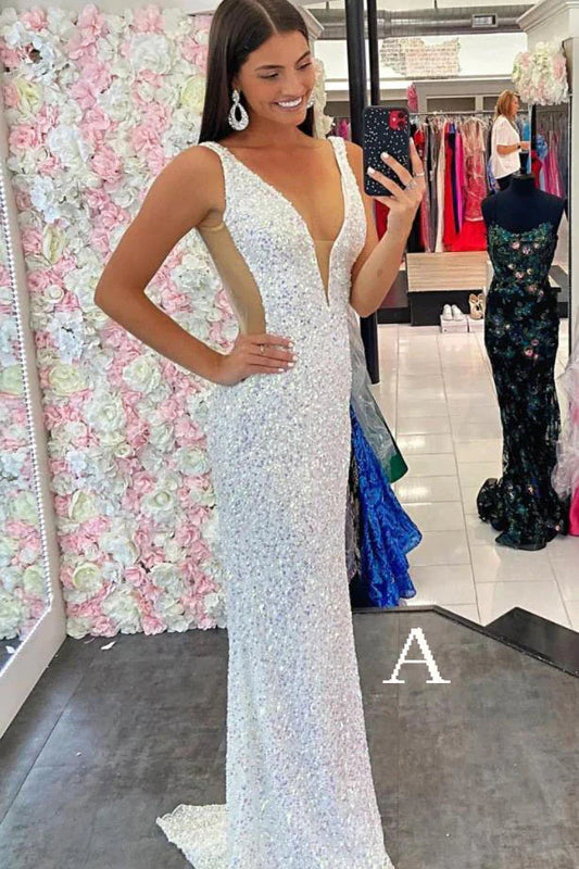 PM106,White Deep V Neck Sleeveless Mermaid Prom Evening Gown, Long Party Dress