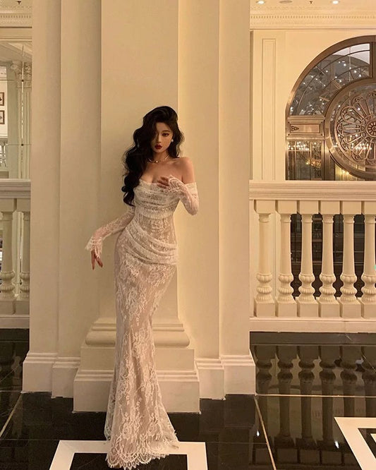 Modest Off The Shoulder Lace Mermaid Long Prom Dresses Prom Gowns For Women