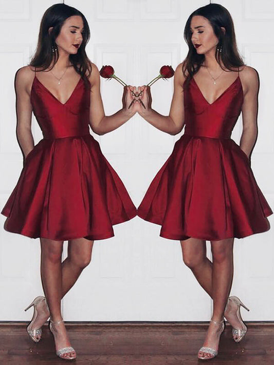 PM111,Burgundy Short Cute Simple Spaghetti Straps Homecoming Dress