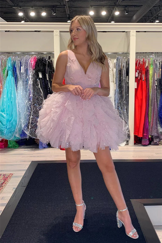 Pink V Neck Sleeveless Sequined Ruffles A-line Homecoming Dress S2856