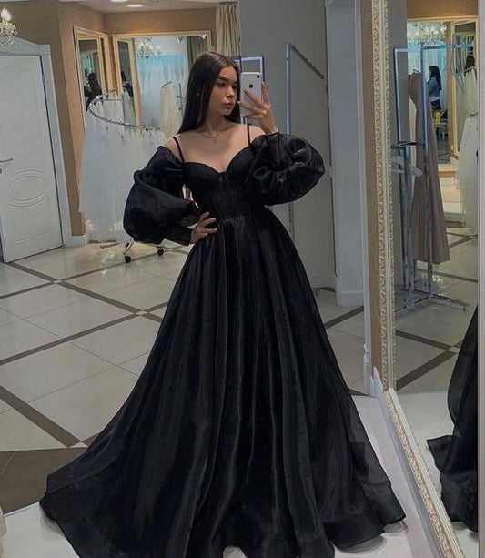 Black Long Sleeves Prom Dresses,Black Formal Dresses,Party Dress with Train Y1027