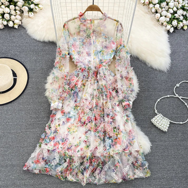 Autumn Bowknot Stand Collar Polka Dot Lace A Line Dress S4940