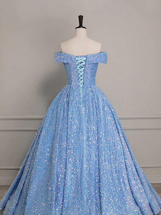 A-Line Sweetheart Neck Velvet Sequin Blue Long Prom Dress, Blue Formal Dress S3833