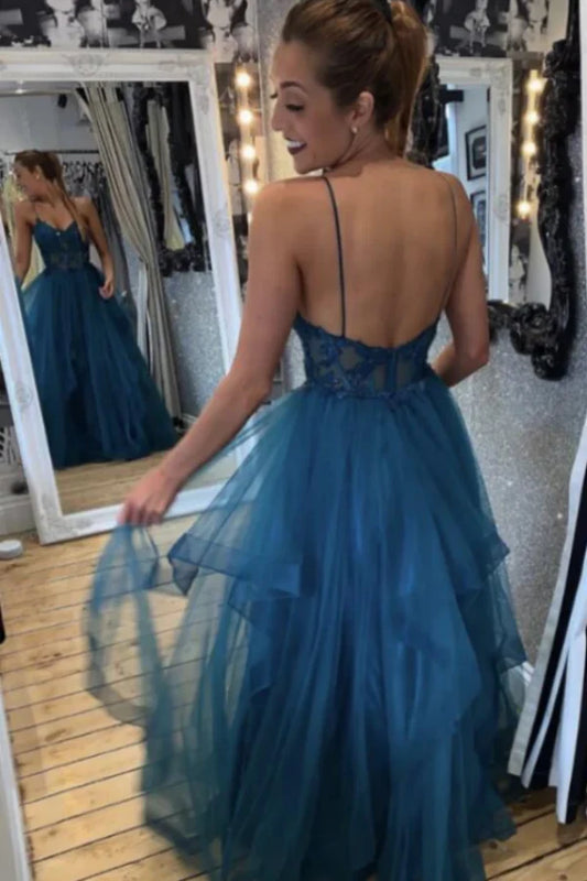 Long Prom Dresses A Line Blue Tulle Lace Appliques Formal Evening Dresses S4052