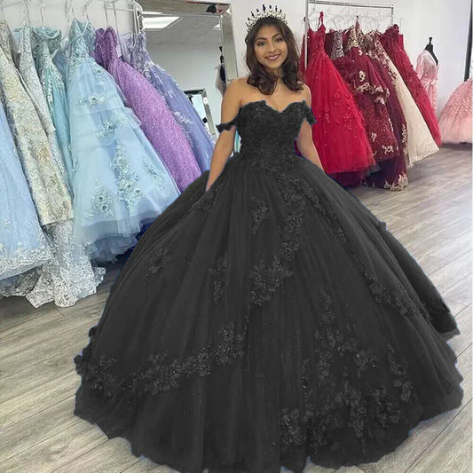 Off the Shoulder Flowers Beaded Purple Ball Gown Quinceanera Dresses