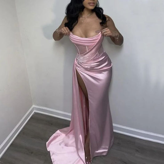 Sexy 17th Birthday Dresses Stapless Mermaid Prom Dresses for Black Girls Thigh-High Slits Pleats Beading Birthday Outfits P364