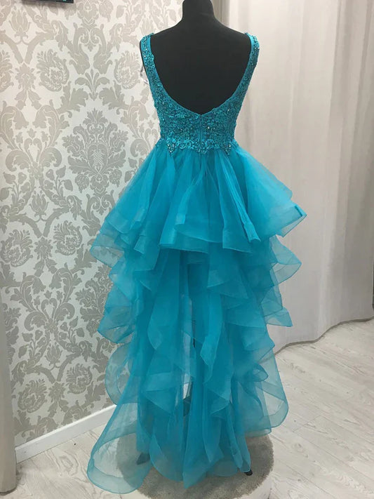 Charming Tulle V-neck Neckline Hi-lo Length A-line Prom Dresses With Beaded Appliques Homecoming Dresses Wholesale