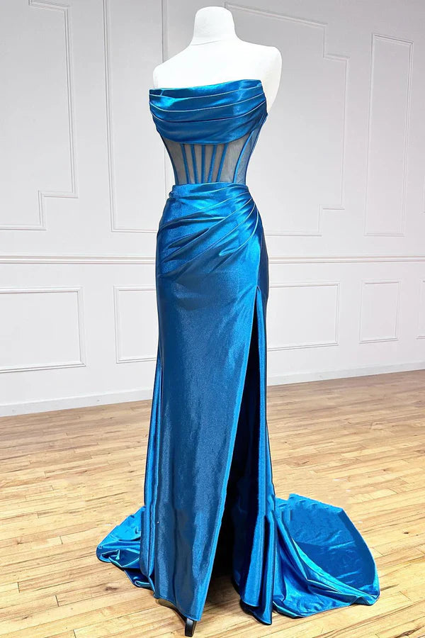 omberprom Elegant Strapless Pleated Evening Dress Boning Sheer Long Prom Dress with Slit
