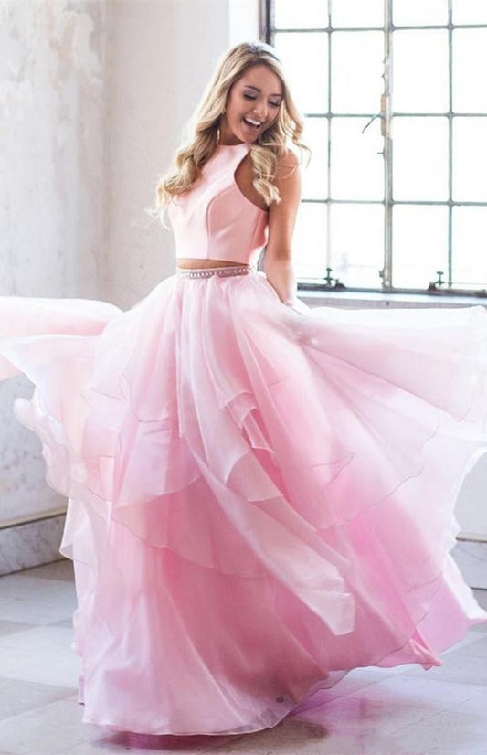 PM200,Two Pieces Pink Chiffon Long Prom Evening Dresses