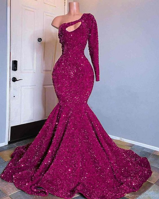 Red Sequined Mermaid Prom Dresses One Shoulder Long Sleeve Sequined Keyhole Prom Gown