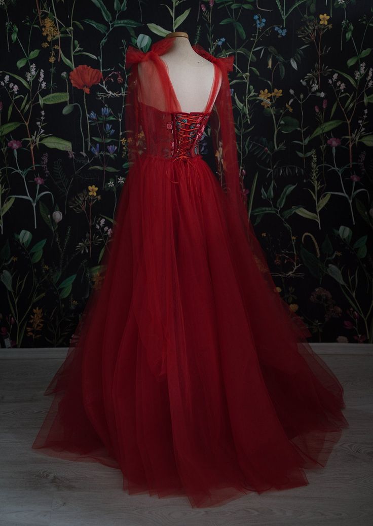 Red Velvet Prom Dresses Tulle Prom Gown