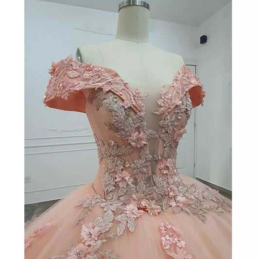 Gorgeous Pink Applique Off-the-shoulder Sweet 16 Quinceanera A-Line Floor-length Prom Dress Birthday Dress Evening Dress Ball Gown TP4536