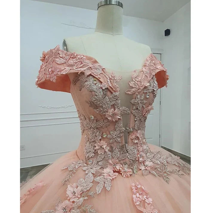 Gorgeous Pink Applique Off-the-shoulder Sweet 16 Quinceanera A-Line Floor-length Prom Dress Birthday Dress Evening Dress Ball Gown TP4536