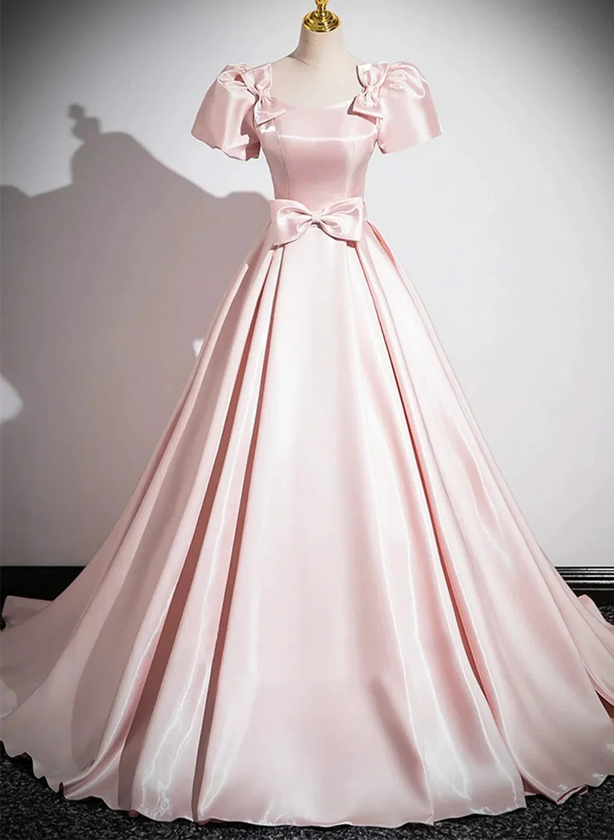 Pink Satin Short Sleeves A-line Long Party Dress, Pink Satin Prom Dress S7171