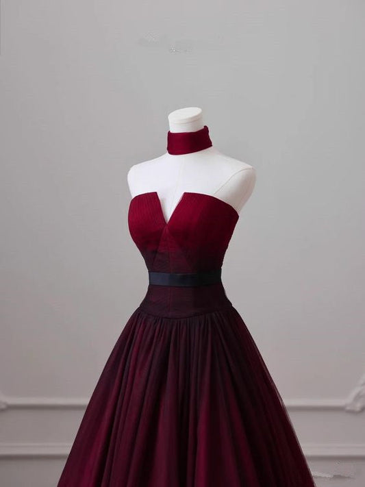 Sexy Ball Gowns Strapless Long Burgundy Prom Dress
