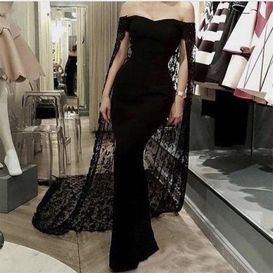 Black Noble And Elegant Mermaid Slim Lace Cape Elegant Long Floor-Length Trailing Ball Gowns Prom Dress