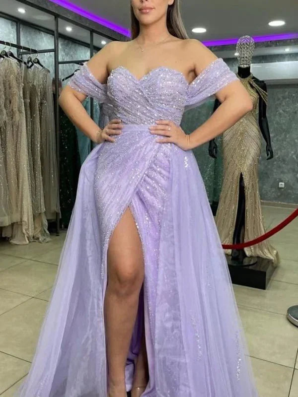 omberprom Sheath Prom Dresses Sparkle Shine Dress Prom Sweep Train Short Sleeve Sweetheart Detachable Sequined with Slit