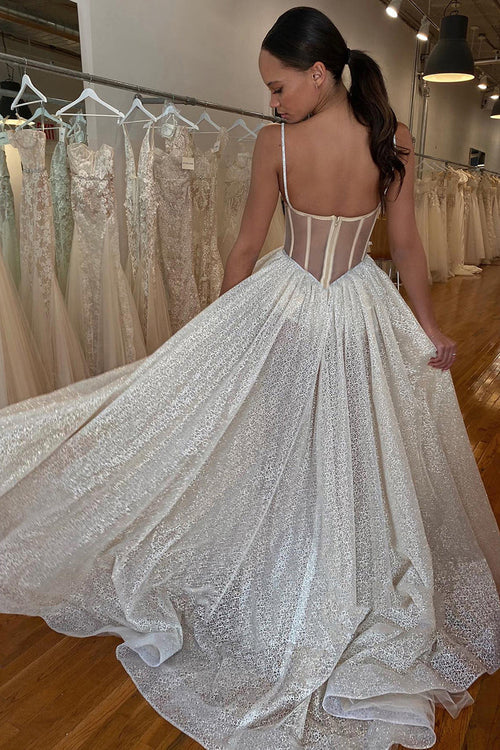 omberprom Charming A-Line Spaghetti Straps Lace Appliques Sparkly Wedding Dress With Slit