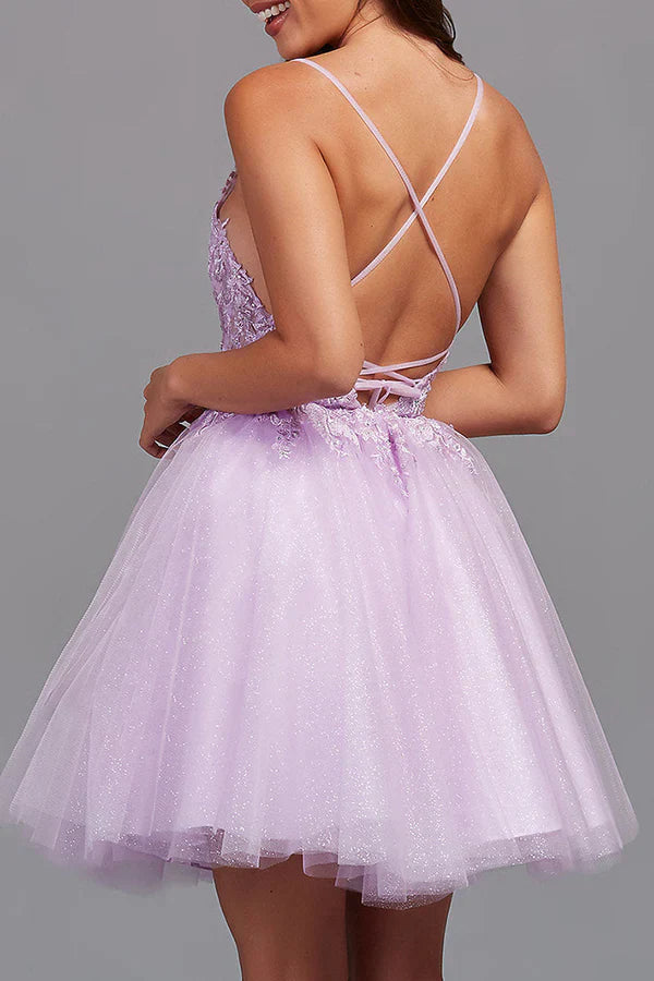 omberprom Elegant A-Line Graduation Dresses Backless Tulle Appliqued Homecoming Dress