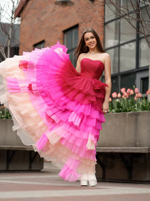 omberprom Fashion Sweetheart Pleated Bodice Long Prom Dress with Ruffles