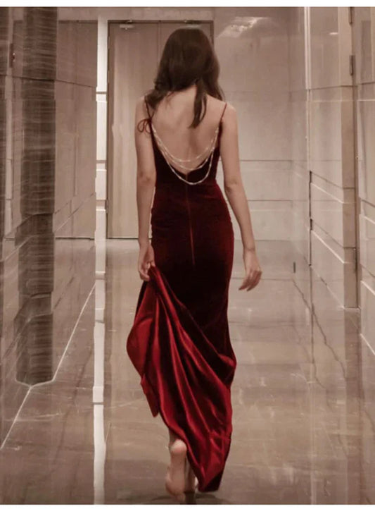 Burgundy Velvet Floor Length Mermaid Prom Dress Bridesmaid Dresses Evening Dress Party Dress With Slit