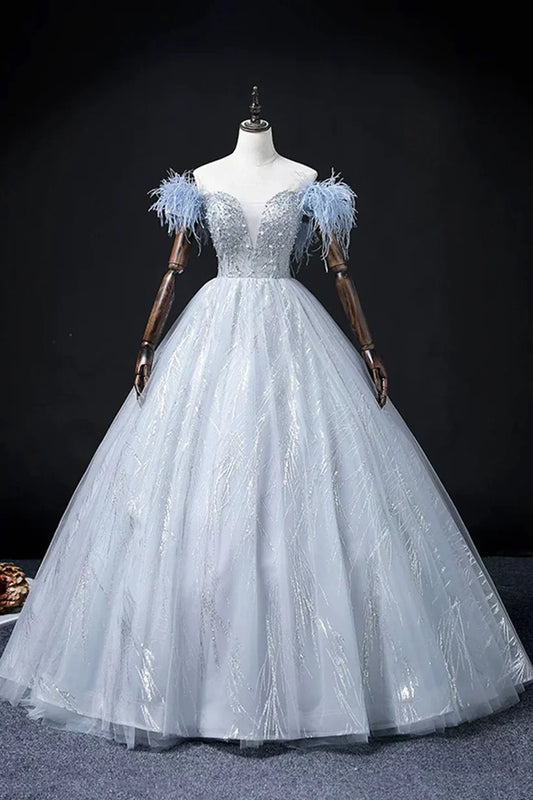 Blue Tulle Beads Long Prom Dress, Elegant A-Line Evening Party Dress S7313