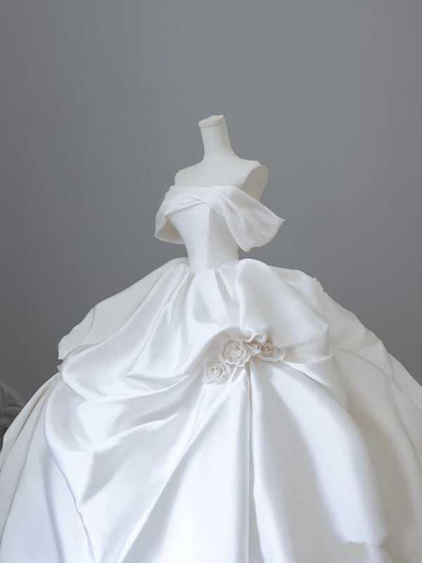 Unique Ball Gowns Strapless Off The Shoulder Satin Long Wedding Dress Brides Dresses