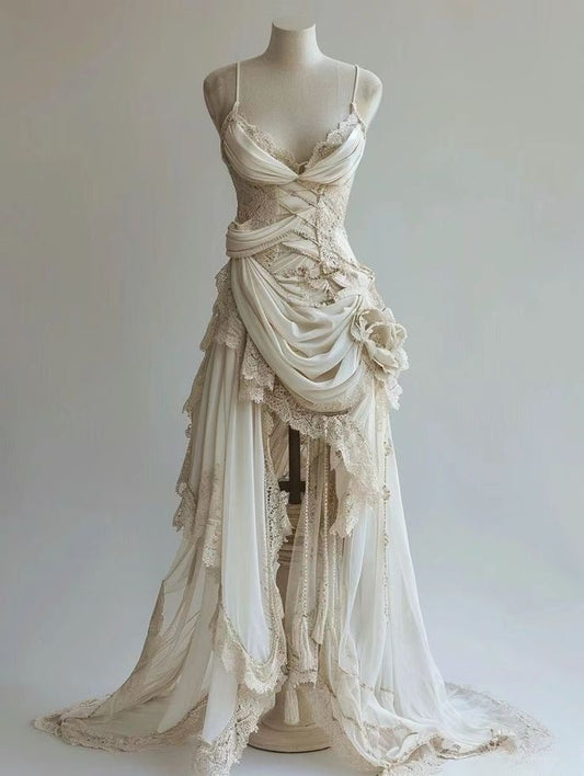 Unique Wedding Dresses Lace Appliques Ruched Bridal Gowns