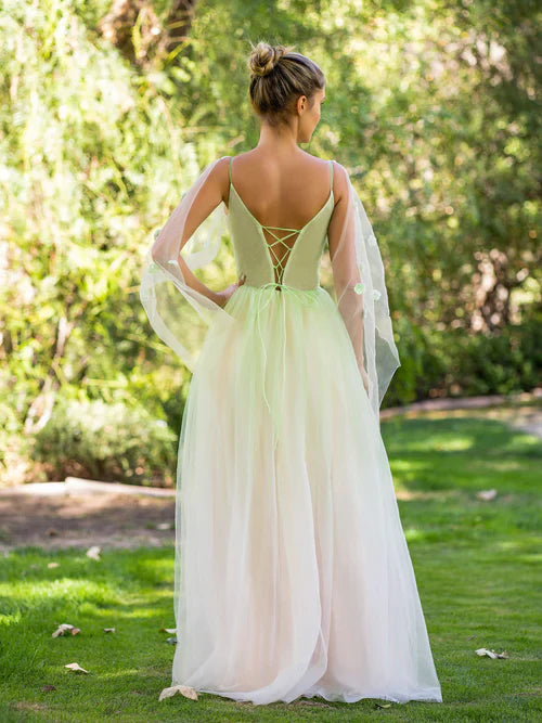 omberprom Elegant Evening Dress V-neck 3D Applique Floor Length Tulle Prom Dress