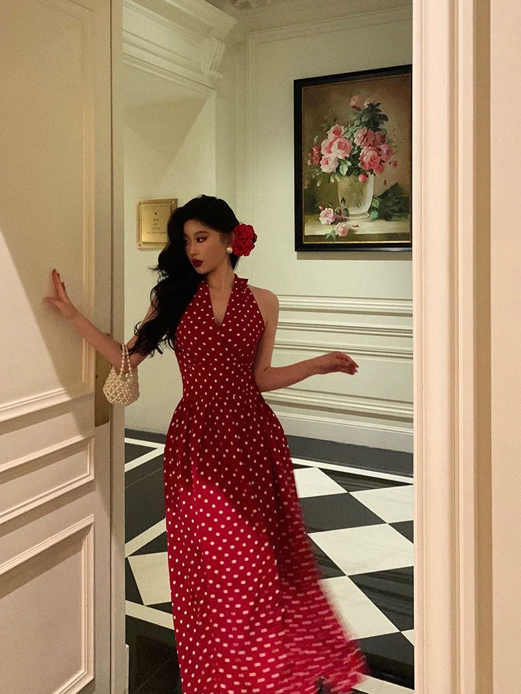 Hong Kong style halter neck polka dot dress new retro long dress party dress S5540