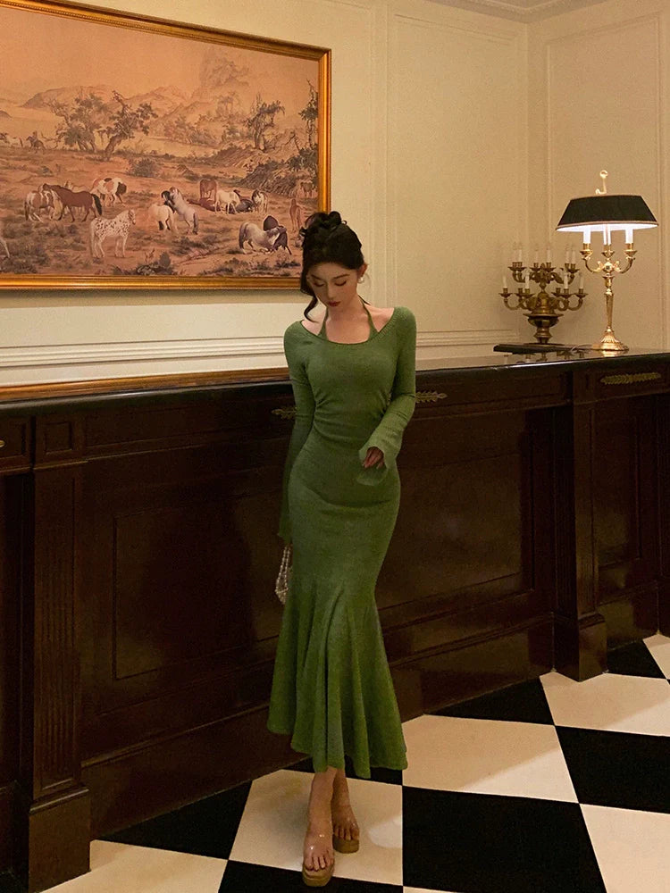 Halter neck knitted mermaid dress for women new style long dress S5535