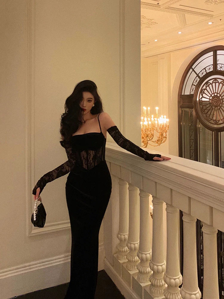 Banquet lace suspender dress new velvet long party dress S5560