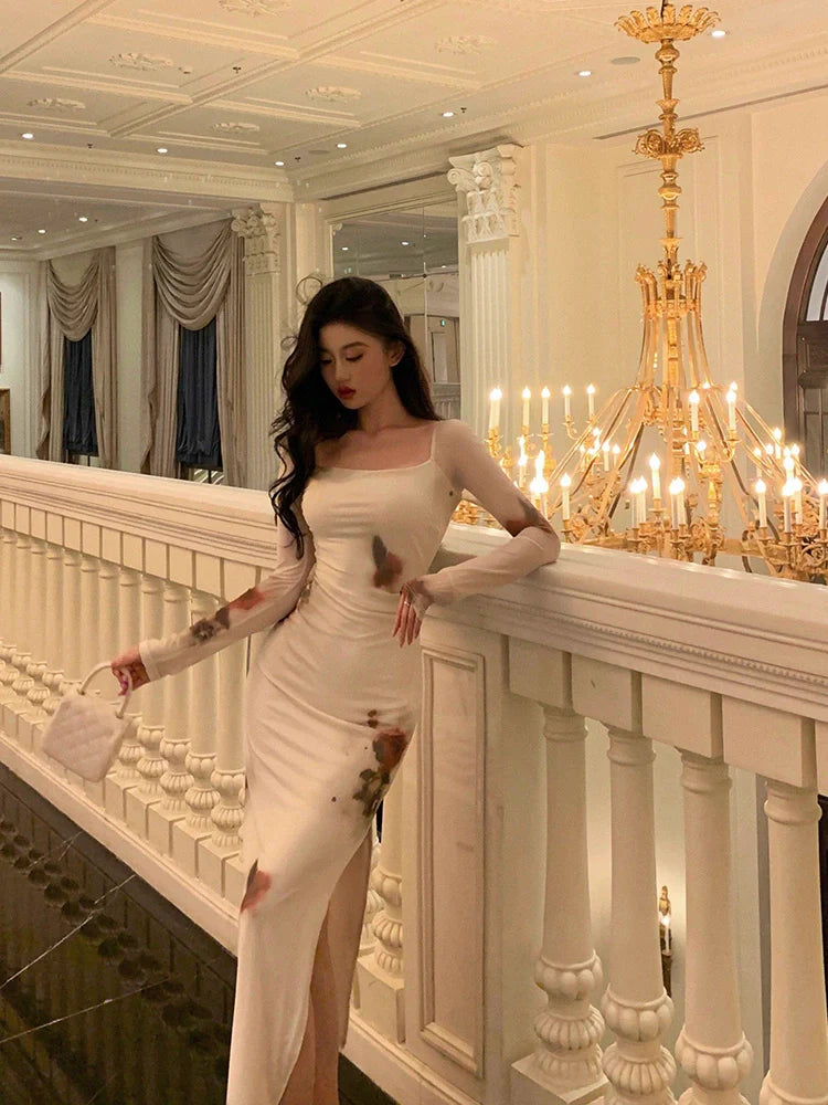 French long-sleeved floral dress for women new sexy square neck slit long dress S5531