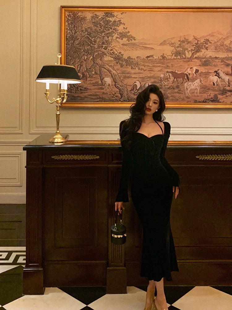 Black halter neck velvet dress new party dress S5586