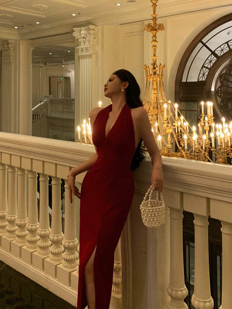 Red sexy halter neck dress retro slit party dress S5573