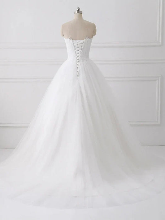 A-line Sweetheart Chapel Train Tulle Lace Wedding Dresses Off Shoulder Elegant Wholesale